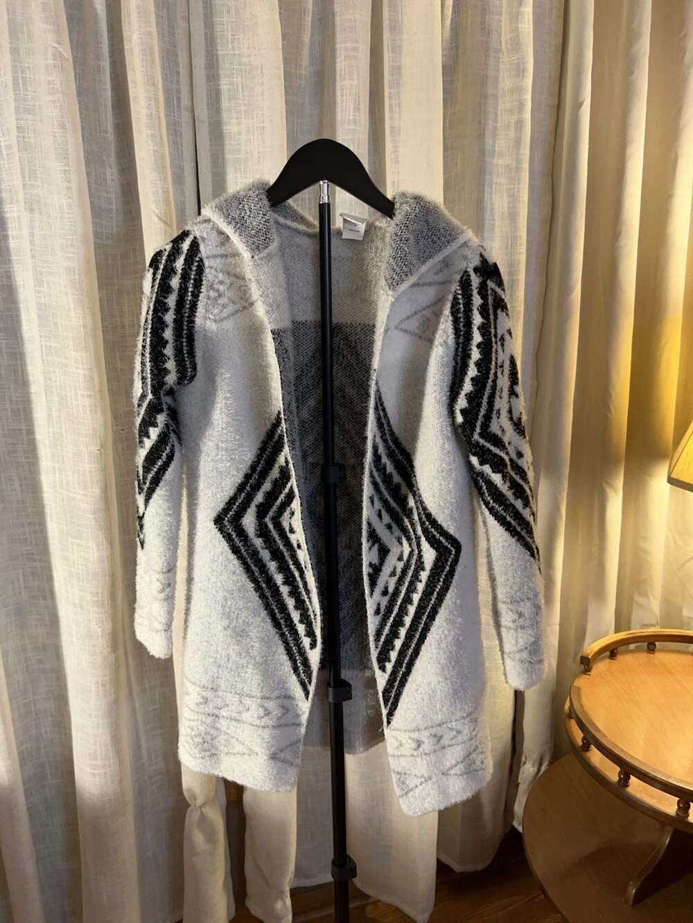 Northern Angel Women's Fuzzy Hooded Cardigan Sweater Black and White Geometric
